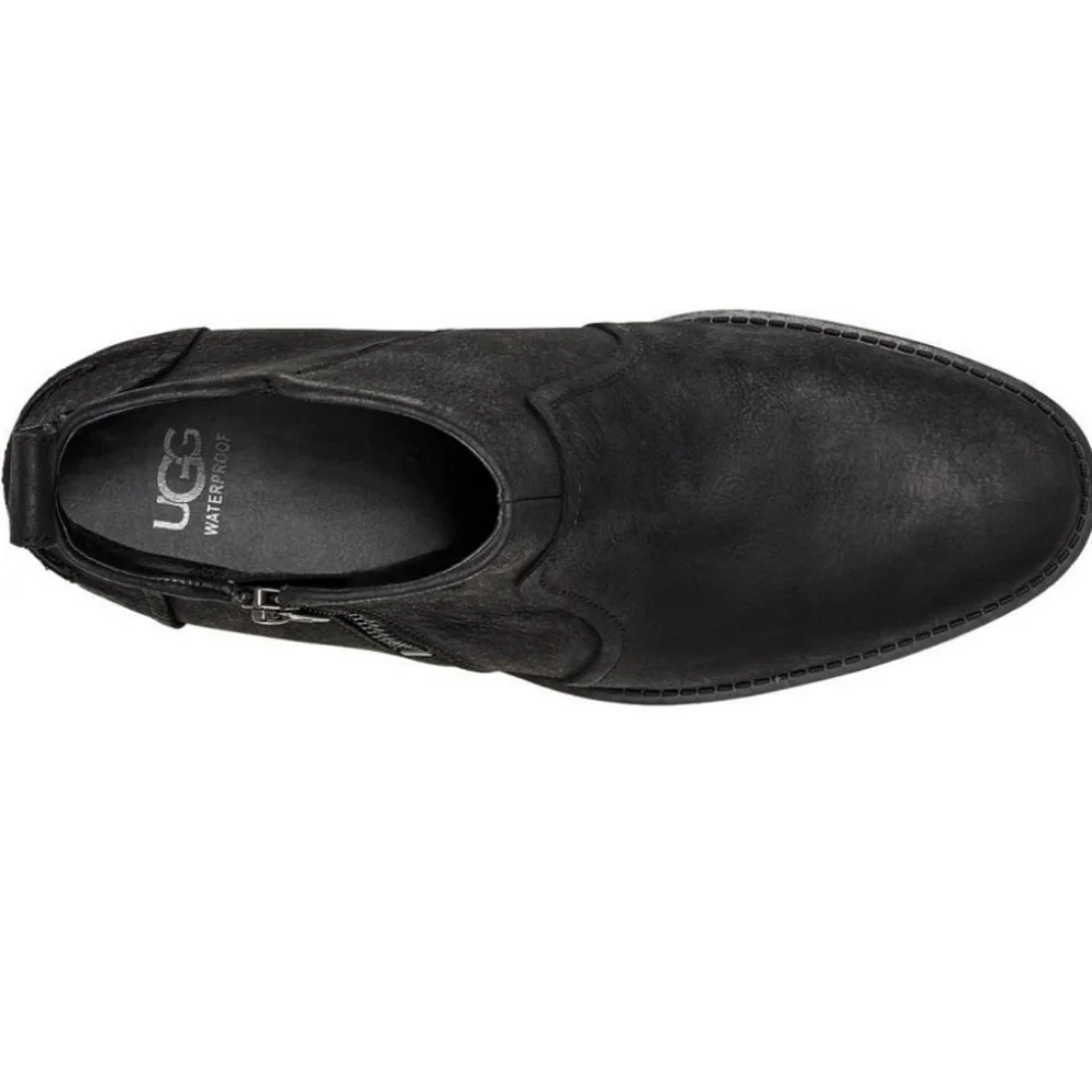 UGG Black Distressed Leather Flat Ankle Bootie 6 - Picture 5 of 7